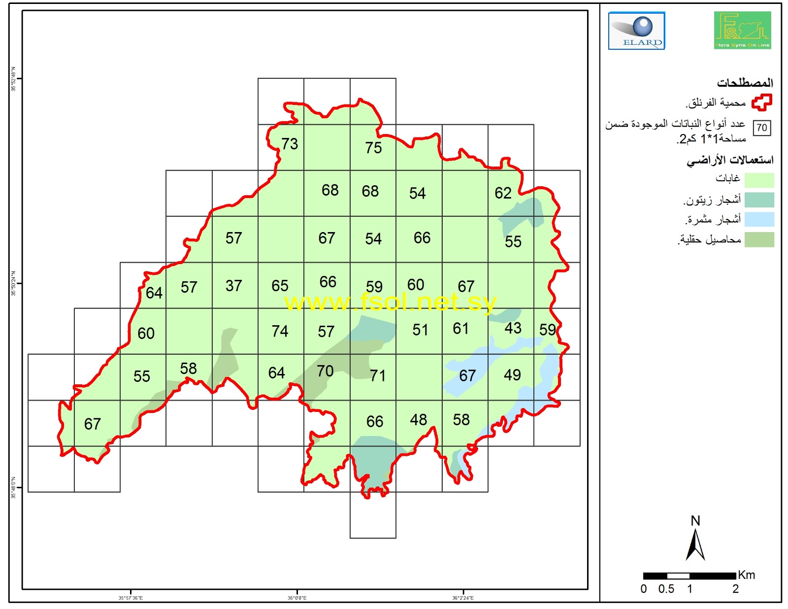 Recorded species in square of 1*1 km in Fronluq protected area.